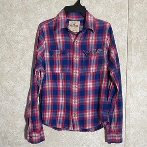 Hollister Pink Blue White Plaid Buttoned Down Long Sleeve Shirt. Pockets Size M